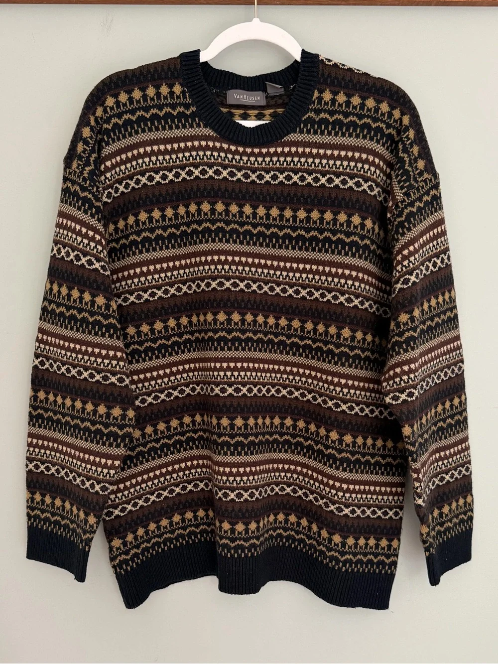 VTG Van Heusen Neutral Fair Isle Western Knit Crew Neck Grandpa Sweater